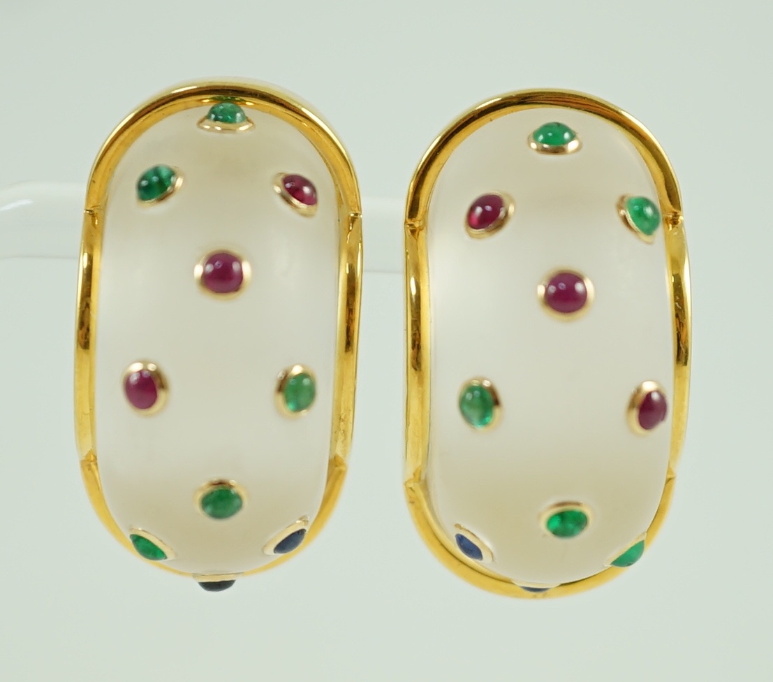 A pair of 20th century 14k gold, rock crystal and cabochon gem set demi-lune earrings